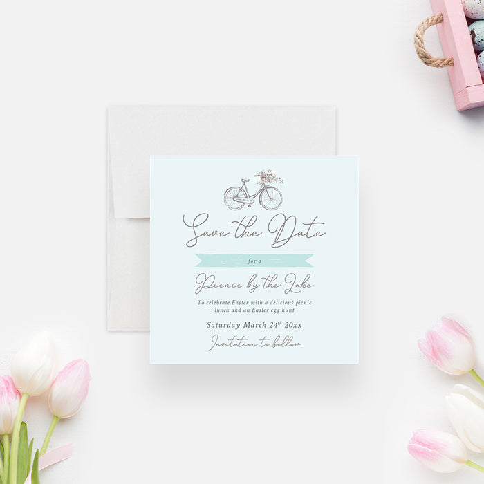 Bohemian Save the Date Card for Easter Lunch Party, Bicycle Themed Birthday Party Save the Dates, Picnic By The Lake Easter Party with Floral Bicycle