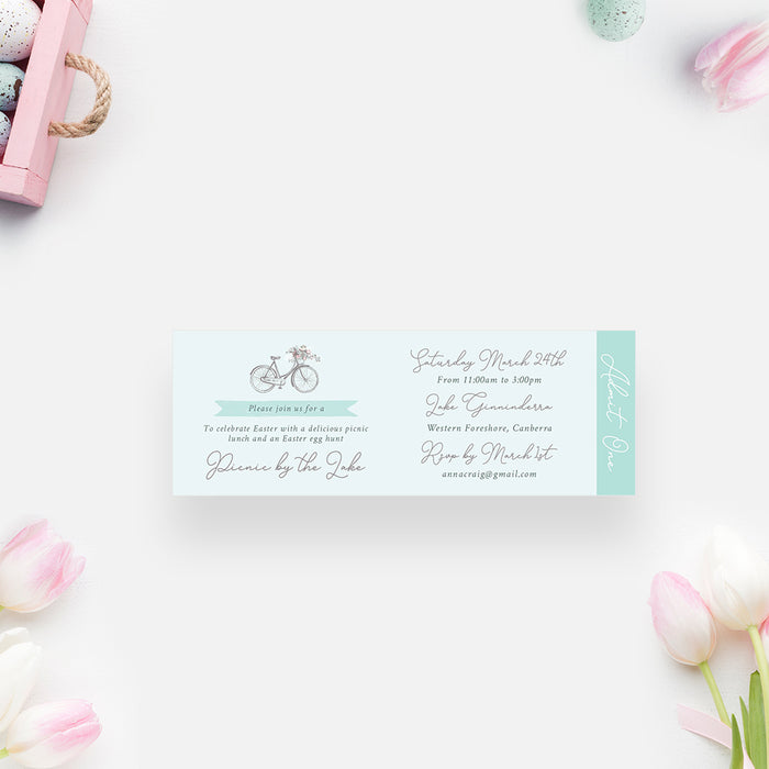 Bohemian Ticket Invitation for Easter Egg Hunt Party, Lakeside Party Ticket, Bicycle Themed Birthday Ticket Invites, Picnic By The Lake Ticket with Floral Bicycle
