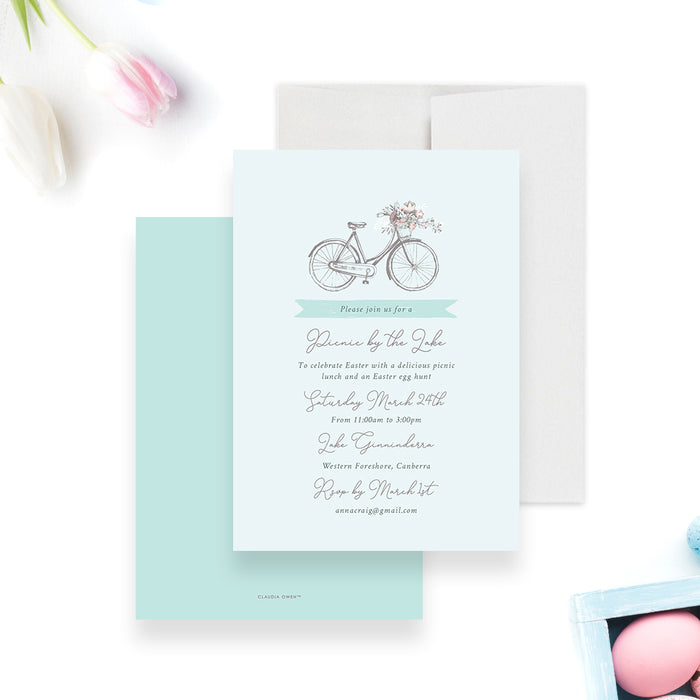 Bohemian Invitation Card for Easter Egg Hunt Party, Picnic By The Lake Invites, Bicycle Themed Birthday Party Invitation, Spring Party Invitation with Floral Bicycle