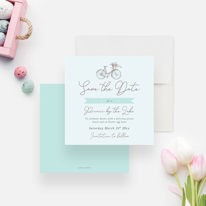 Bohemian Save the Date Card for Easter Lunch Party, Bicycle Themed Birthday Party Save the Dates, Picnic By The Lake Easter Party with Floral Bicycle