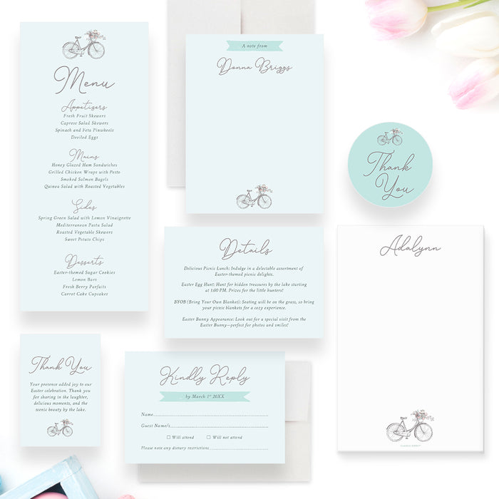 Bohemian Invitation Card for Easter Egg Hunt Party, Picnic By The Lake Invites, Bicycle Themed Birthday Party Invitation, Spring Party Invitation with Floral Bicycle