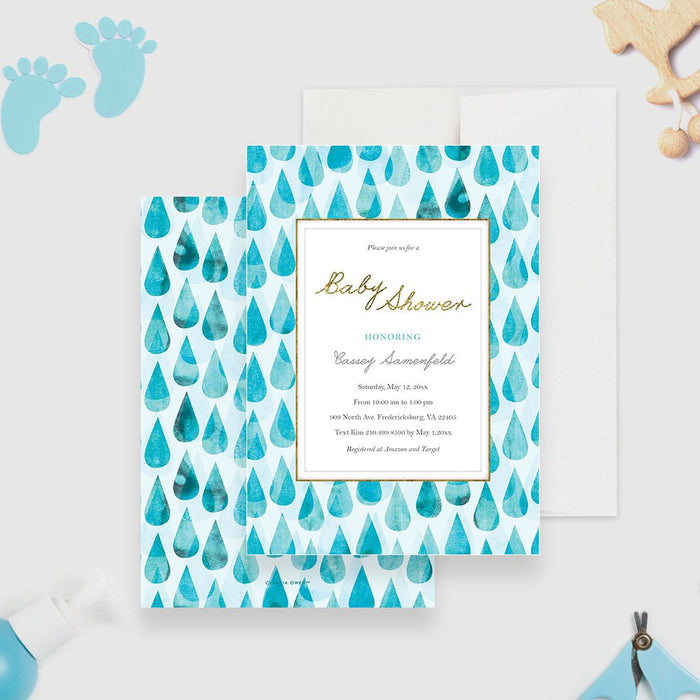 Baby Shower Invitation with Blue Raindrops, Baby Boy Shower Invitation, Newborn Meet and Greet Invitation