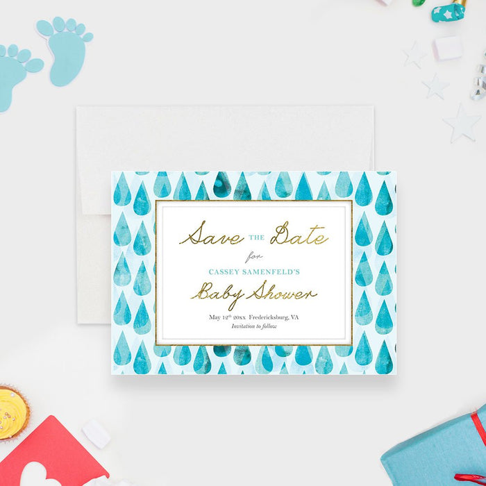 Baby Shower Save the Date Card with Blue Raindrops, Rainy Save the Dates, Baby Boy Save the Dates