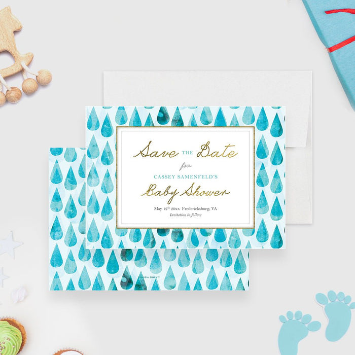 Baby Shower Save the Date Card with Blue Raindrops, Rainy Save the Dates, Baby Boy Save the Dates