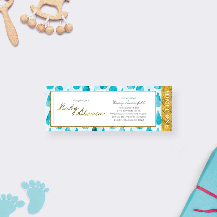 Raindrops Baby Shower Ticket Invitation, Ticket Invites for Sip and See Party, Rainy Baby Boy Shower Ticket Card, Newborn Meet and Greet Ticket Invites