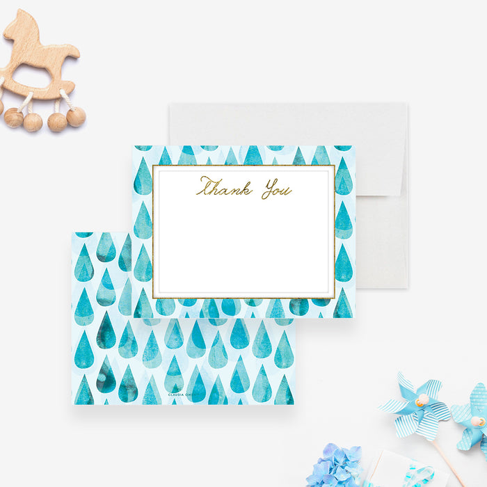 Baby Shower Thank You Note Card with Blue Raindrops, Cute Baby Boy Stationery Card, Personalized Stationery for Baby Nursery, Baby Shower Party Favor