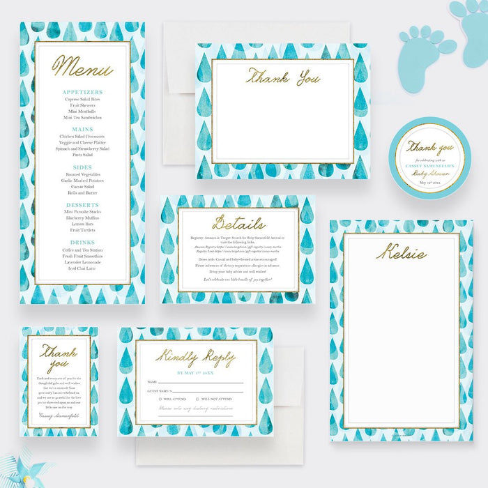 Baby Shower Invitation with Blue Raindrops, Baby Boy Shower Invitation, Newborn Meet and Greet Invitation