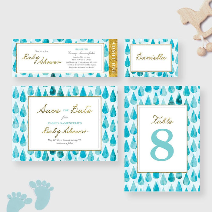 Baby Shower Invitation with Blue Raindrops, Baby Boy Shower Invitation, Newborn Meet and Greet Invitation