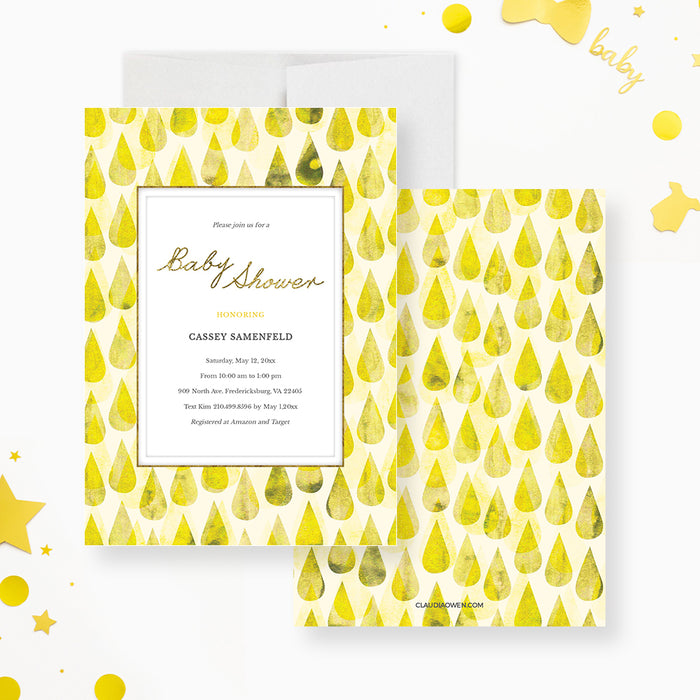 Yellow Baby Shower Invitation Template, Personalized Couples Baby Shower for Boys and Girls, Gender Neutral Baby Shower with Raindrops