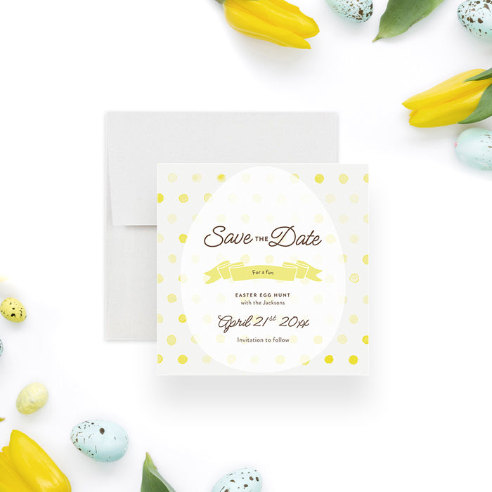 Easter Save the Date Card with Yellow Ribbon and Polka Dots, Easter Morning Tea Save the Dates, Bright Save the Date for Easter Egg Hunt Party