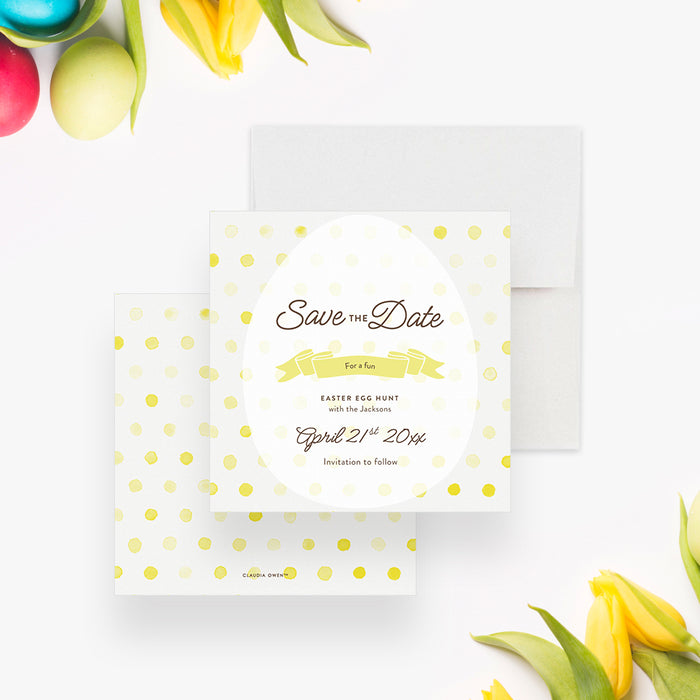 Easter Save the Date Card with Yellow Ribbon and Polka Dots, Easter Morning Tea Save the Dates, Bright Save the Date for Easter Egg Hunt Party