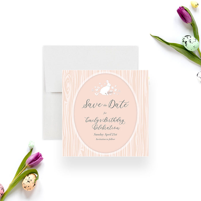 Cute Bunny Save the Date Card for Rabbit Themed Birthday Party, Easter Birthday Save the Dates with Bunny Rabbit in Soft Colors with Little Flowers