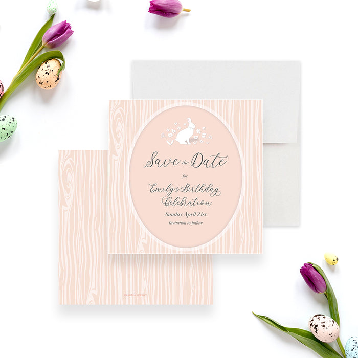 Cute Bunny Save the Date Card for Rabbit Themed Birthday Party, Easter Birthday Save the Dates with Bunny Rabbit in Soft Colors with Little Flowers