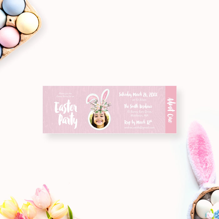Cute Bunny Ticket Invitation with Child’s Photo, Easter Ticket Invites with Pink Bunny Ears, Bunny Themed Birthday Party Tickets