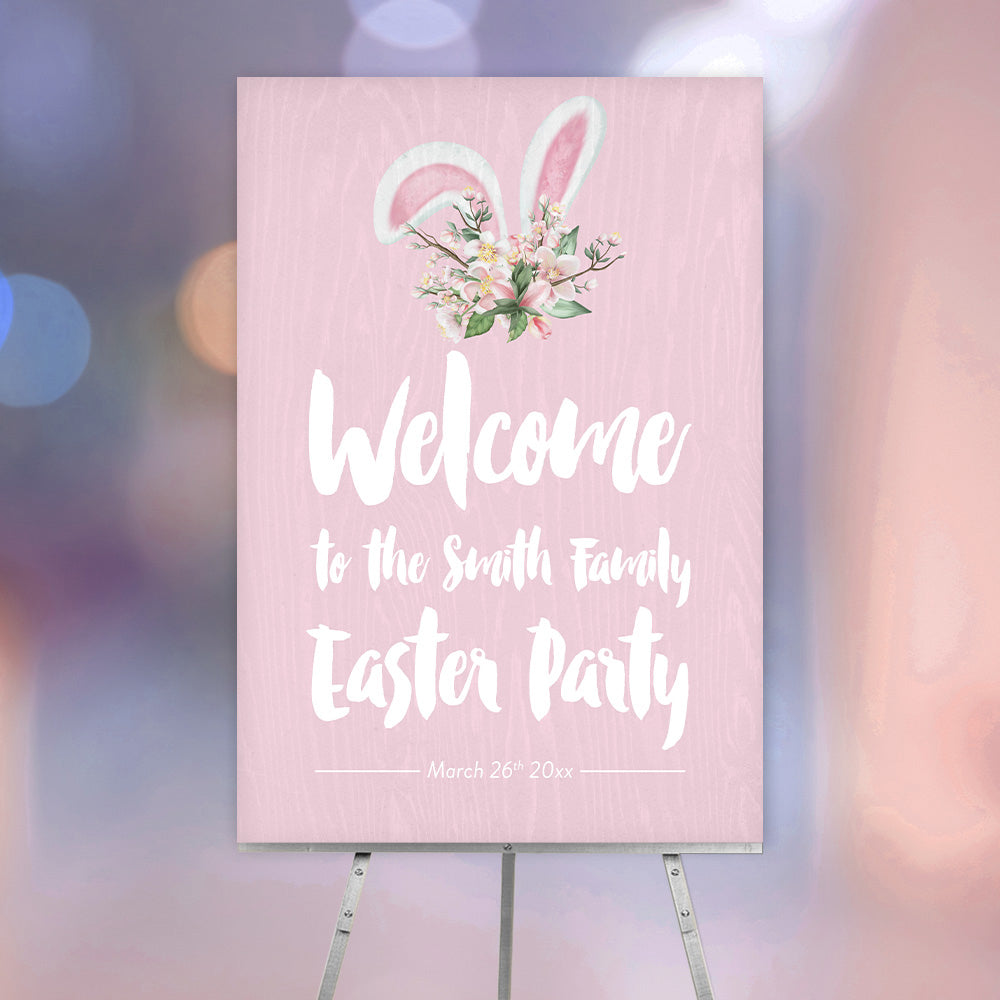 Easter Party Welcome Sign Featuring Floral Bunny Ears, Customizable Ea