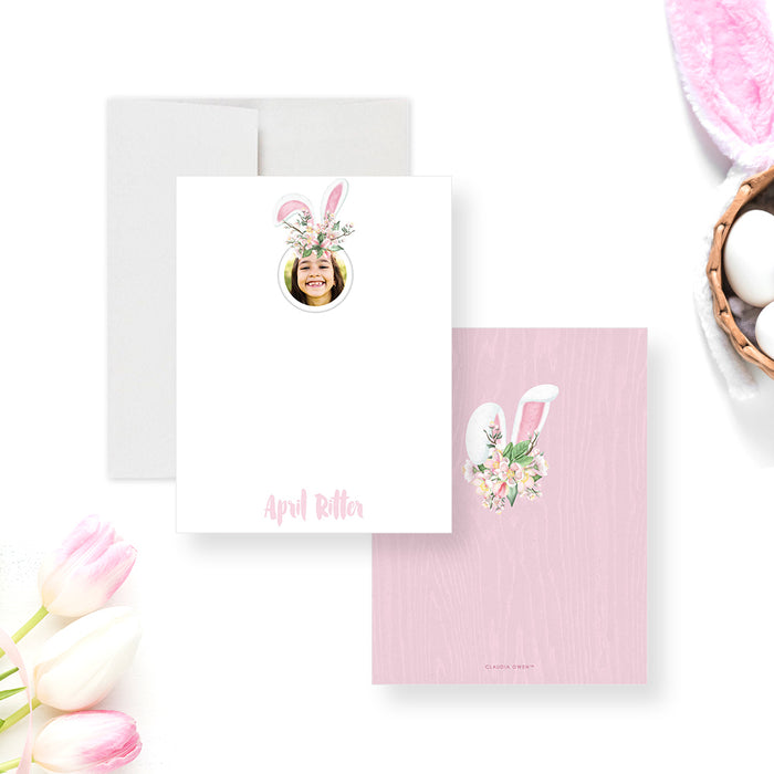Cute Bunny Note Card with Girl’s Photo, Kids Easter Thank You Card, Personalized Gift for Bunny Lovers, Stationery for Girls with Bunny Ears