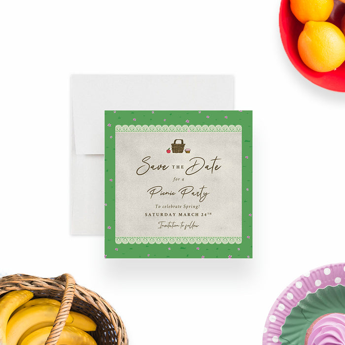 Picnic Save the Date for Spring Celebration, Spring Birthday Save the Dates with Blanket and Green Grass