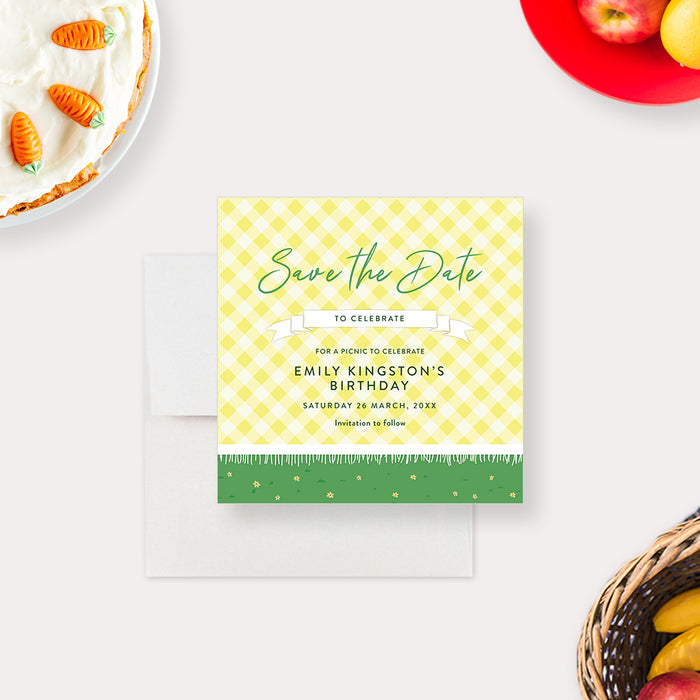Save the Date Card for Birthday Picnic Party with Yellow Plaid Blanket and Green Grass, Picnic in the Park Save the Date