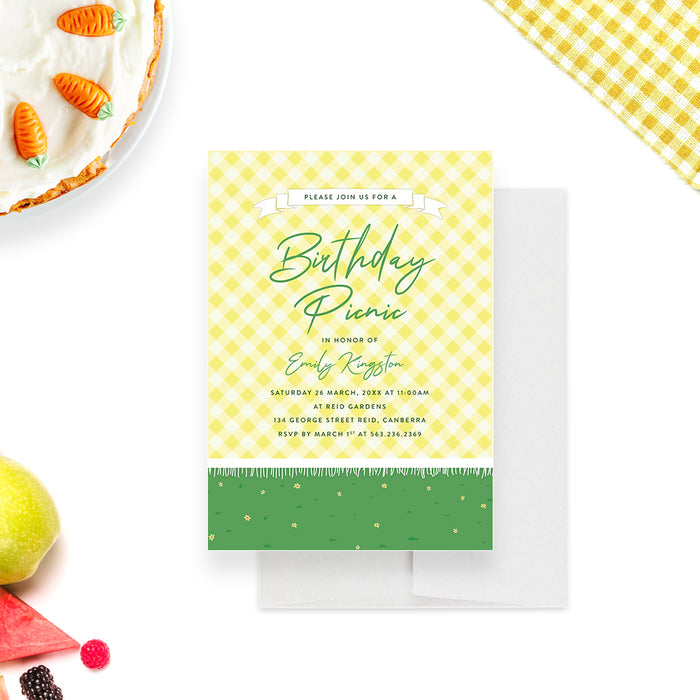 Invitation Card for Birthday Picnic Party with Yellow Plaid Blanket and Green Grass, Spring Birthday Party Invites for Adults, Picnic in the Park