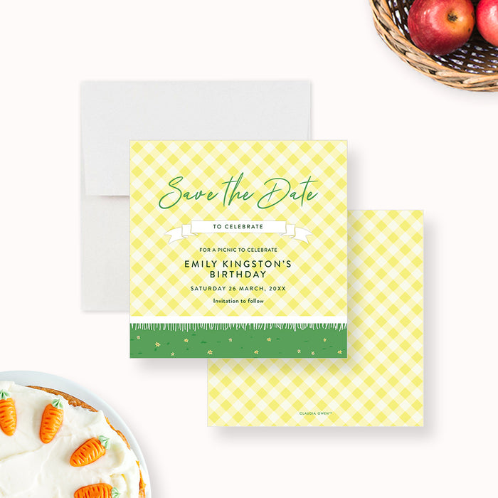 Save the Date Card for Birthday Picnic Party with Yellow Plaid Blanket and Green Grass, Picnic in the Park Save the Date