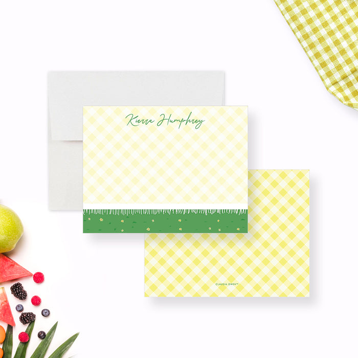 Note Card with Yellow Plaid Picnic Blanket and Green Grass, Summer Birthday Thank You Card, Spring Greeting Card, Bright Stationery Card for Girls, Personalized Gift for Women