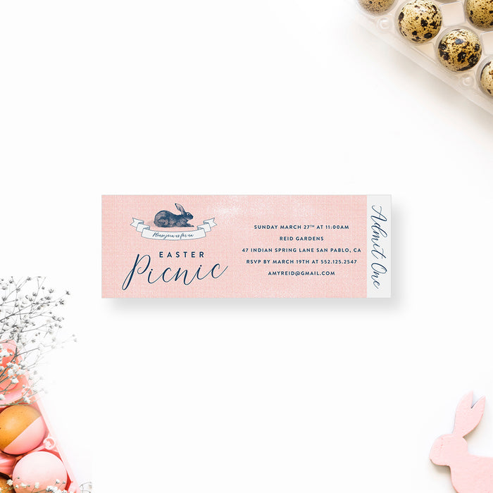 Easter Picnic Bunny Ticket Invitation Card, Spring Easter Egg Hunt Party Ticket, Rabbit Themed Birthday Party Ticket Invite with Bunny Illustration