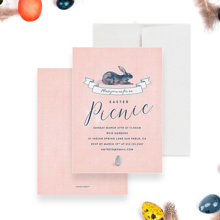 Easter Picnic Bunny Invitation Card, Easter Egg Hunt Party, Rabbit Themed Invites, Spring Birthday Party Invites with Bunny Illustration