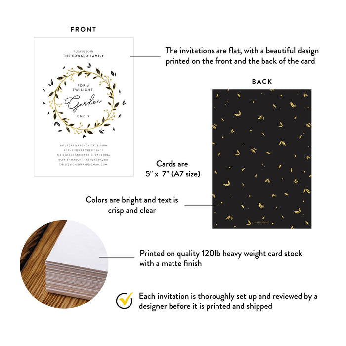 Black and Gold Invitation Card for Twilight Garden Party, Spring Backyard Party Invites, Garden Themed Birthday Party Invites