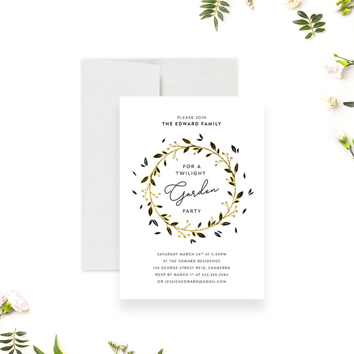 Black and Gold Invitation Card for Twilight Garden Party, Spring Backyard Party Invites, Garden Themed Birthday Party Invites