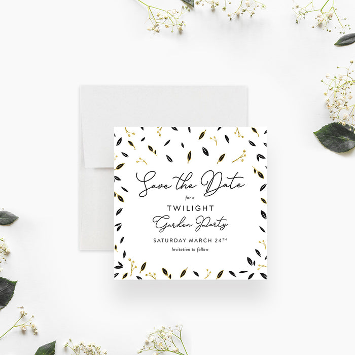 Black and Gold Save the Date Card for Twilight Garden Party, Elegant Save the Date for Spring Outdoor Party, Garden Shower Save the Date Cards