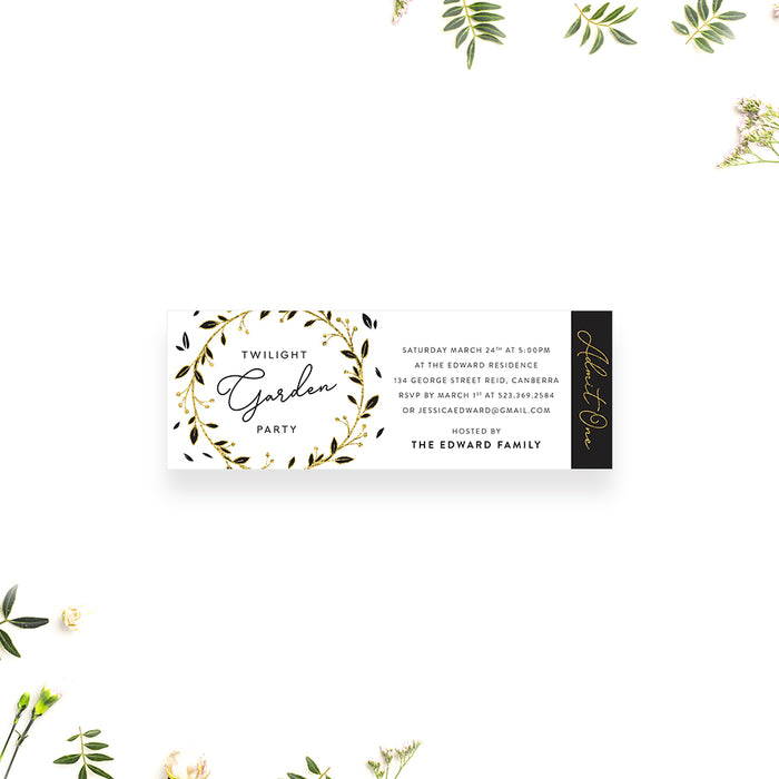 Black and Gold Ticket Invitation for Twilight Garden Party, Elegant Ticket Card for Backyard Bridal Shower, Garden Themed Engagement Party Ticket