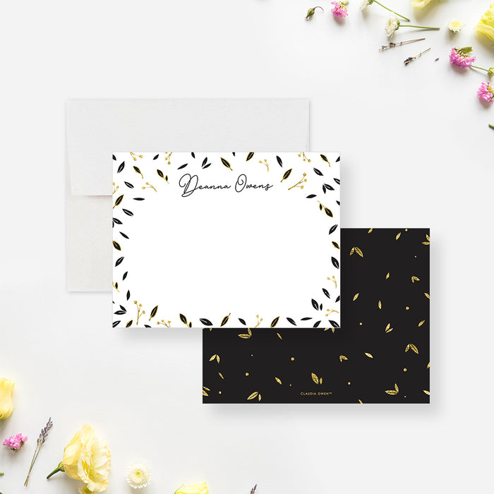 Black and Gold Note Card for Women, Correspondence Card with Falling Leaves, Personalized Gift for Her, Elegant Stationery Card, Twilight Garden Party Thank You Cards