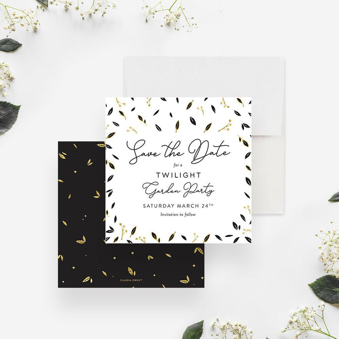 Black and Gold Save the Date Card for Twilight Garden Party, Elegant Save the Date for Spring Outdoor Party, Garden Shower Save the Date Cards