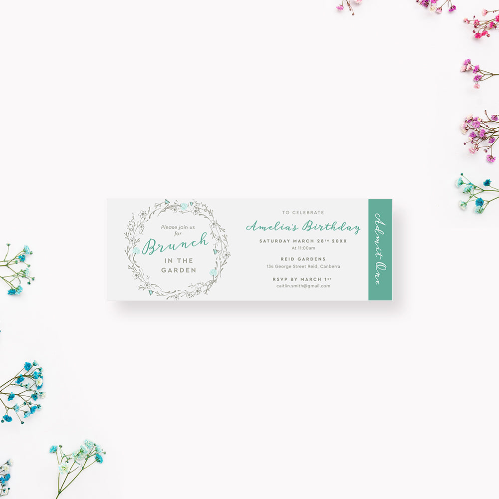 Floral Ticket Invitation for Brunch in The Garden, Spring Birthday Tic