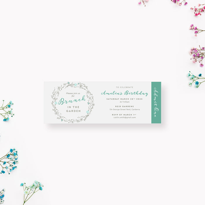 Floral Ticket Invitation for Brunch in The Garden, Spring Birthday Ticket Card for Women, Summer Party Tickets with Dainty Flower Illustrations