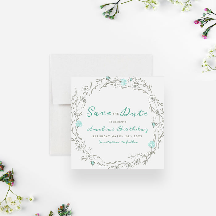 Floral Save the Date Card for Womens Birthday Party, Birthday Summer Invites for Ladies Birthday Bash, Spring Birthday Save the Date with Dainty Flower Illustrations