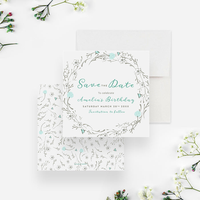 Floral Save the Date Card for Womens Birthday Party, Birthday Summer Invites for Ladies Birthday Bash, Spring Birthday Save the Date with Dainty Flower Illustrations