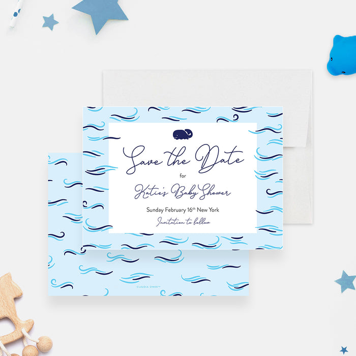 Blue Whale Baby Shower Save the Date Cards, Nautical Baby Save the Dates, Printed Save the Date for Kids Ocean Themed Birthday Party