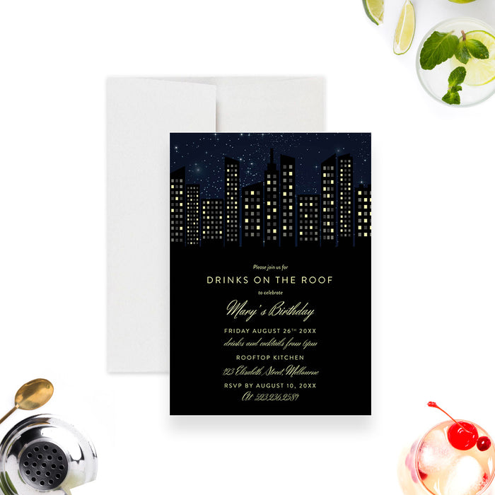 Drinks On The Roof Birthday Invitation Card, In The City Theme Party Invites, Cocktail Party Invitation with Starry Night Sky and City Skyline