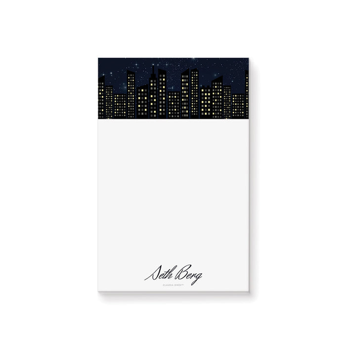 City Skyline Notepad with Starry Night Sky, Personalized Gift for City Lovers, Modern Stationery Writing Paper Pad