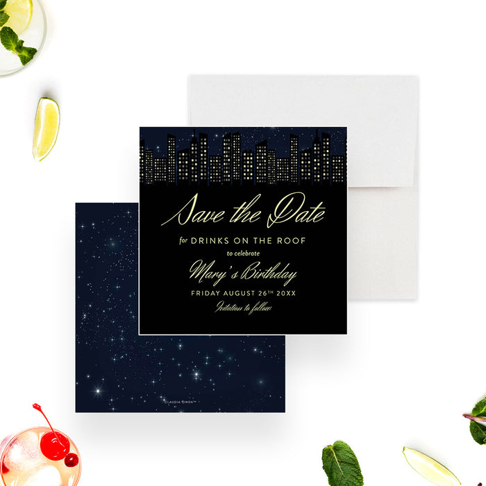 Drinks On The Roof Birthday Save the Date Card, Modern Save the Date for Birthday Cocktail with Starry Night Sky and City Skyline