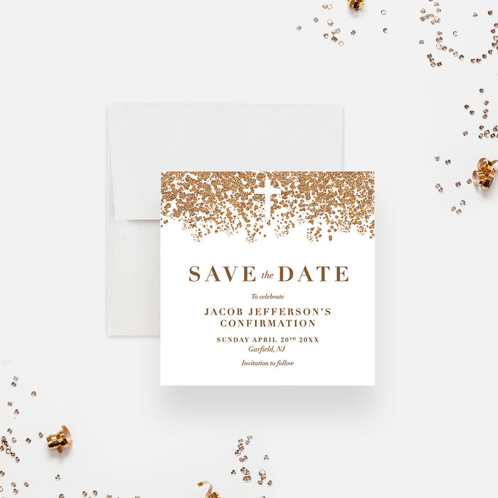 Glittery Save the Date Card for Christian Confirmation Party, Elegant Save the Date for Baptism Celebration, Save the Dates for First Holy Communion with Cross