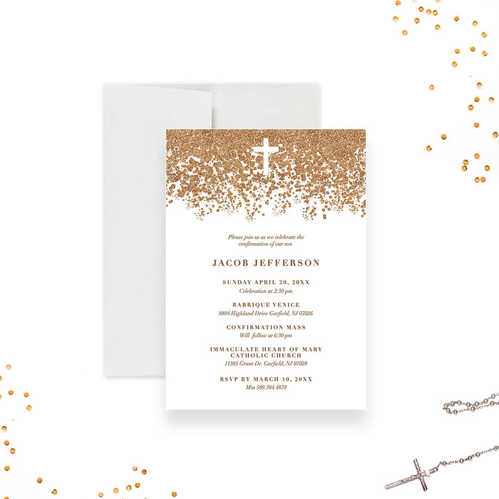 Glittery Christian Holy Confirmation Invitation Card, Religious Baptism Invites, Gold Invitation for Christening Celebration, Communion Party Invitation with Cross
