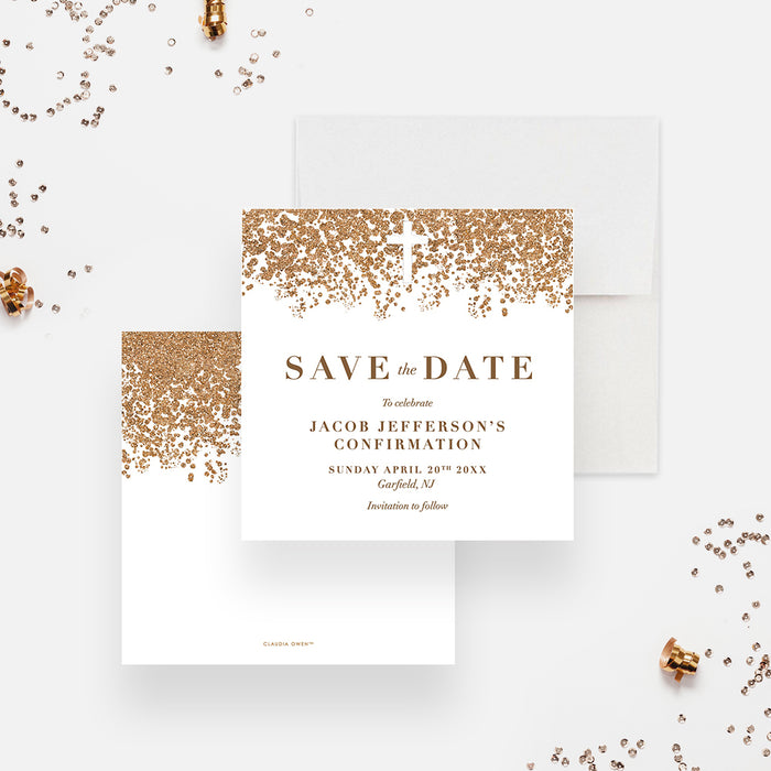 Glittery Save the Date Card for Christian Confirmation Party, Elegant Save the Date for Baptism Celebration, Save the Dates for First Holy Communion with Cross