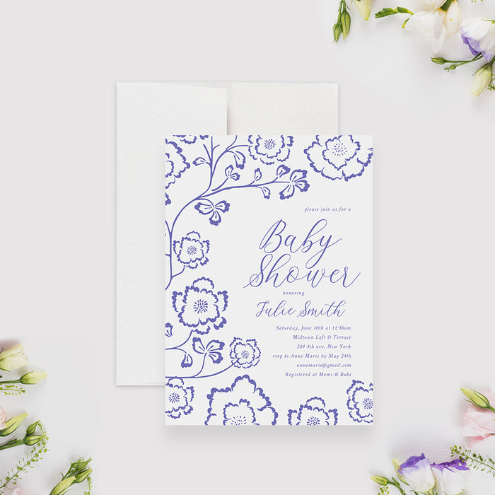 Baby Shower Invitation Card with Floral Pattern, Baby In Bloom Baby Shower Printed Invitations with Flower Illustrations, Summer Gardern Party for Baby Celebration