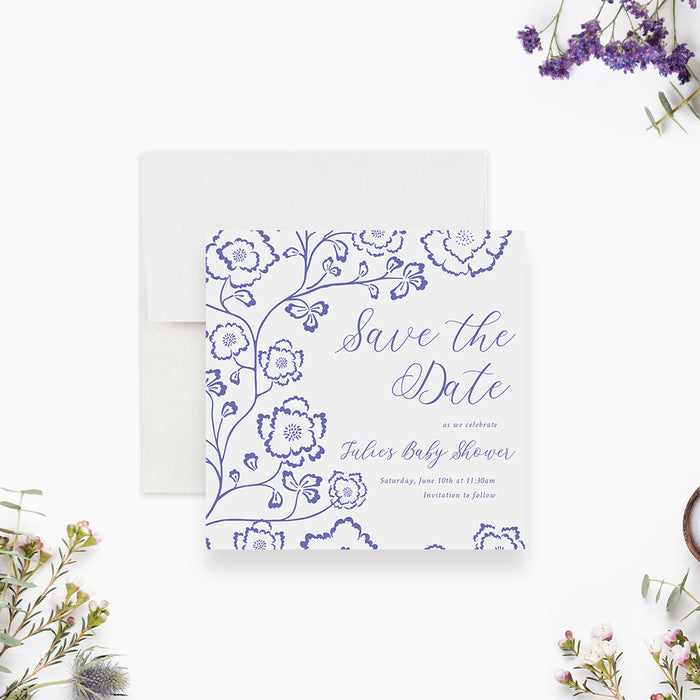 Baby Shower Save the Date Card with Floral Pattern, Baby In Bloom Baby Shower Save The Dates with Flower Illustrations, Summer Garden Party Save the Date Cards