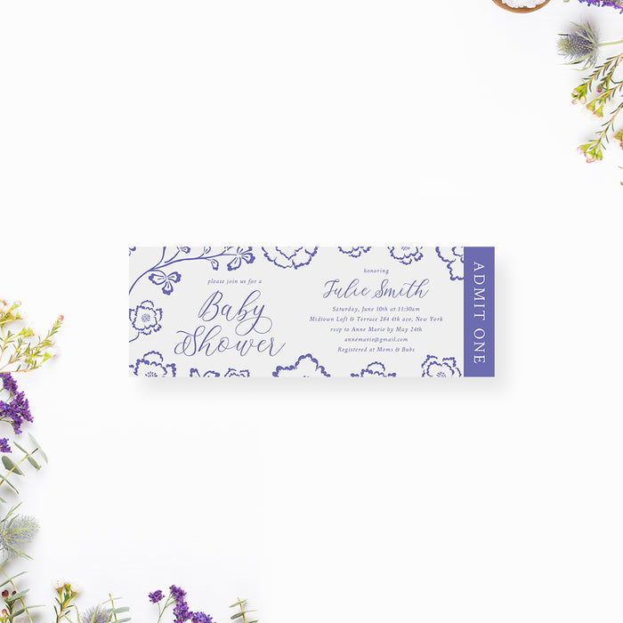 Baby Shower Ticket Invitation with Floral Pattern, Baby In Bloom Baby Shower Printed Ticket Card with Flower Illustrations, Summer Garden Party for Baby Celebration Ticket Pass