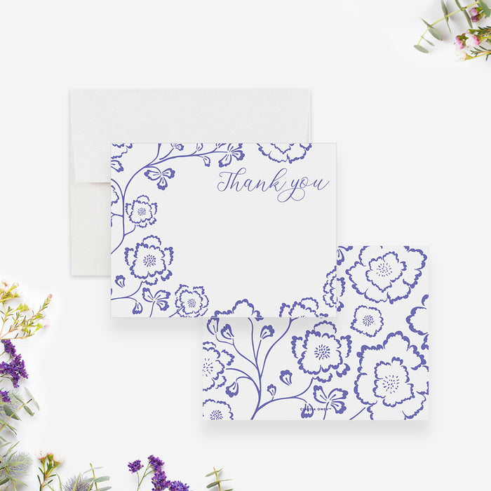 Blue Floral Baby Shower Thank You Note Card, Personalized Gift for Women, Thank You Card for Birthday Garden Party, Spring Stationery