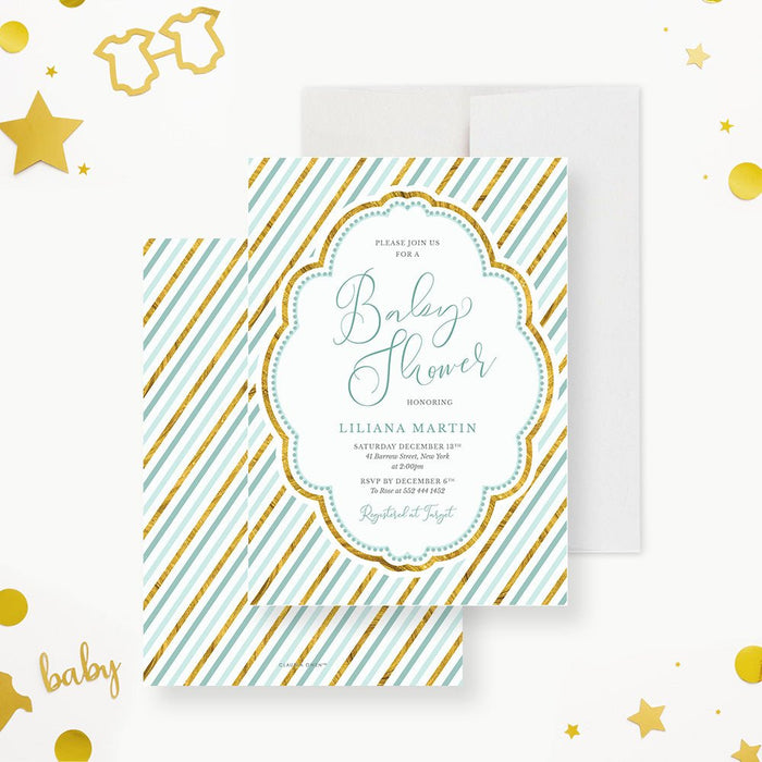 Blue and Gold Invitation Card for Baby Boy Shower, Newborn Baby Celebration Invites, Baby Welcome Party Invitation Card