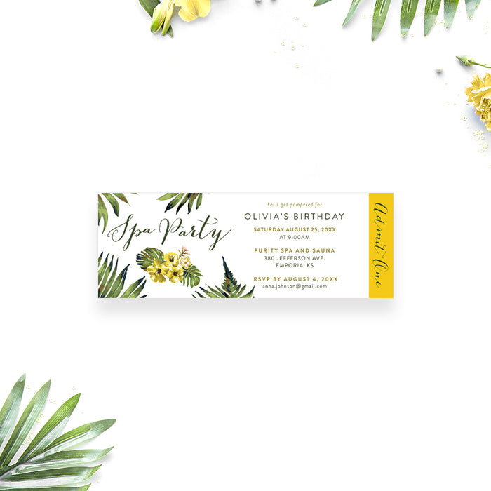 Tropical Spa Birthday Party Ticket Invitation, Aloha Birthday Ticket Invites, Hawaiian Birthday Party Ticket with Monstera Leaves and Yellow Hibiscus Flowers